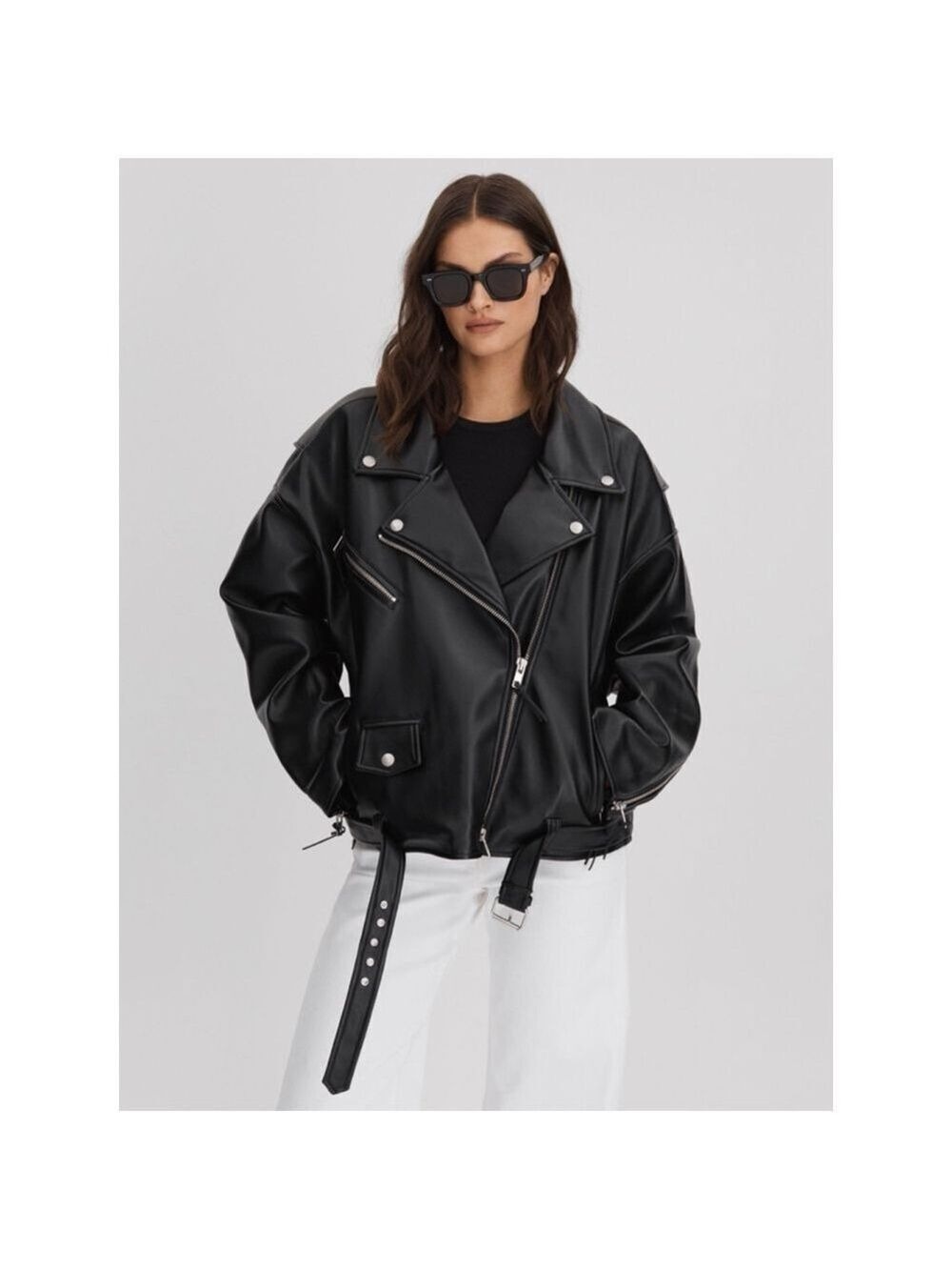 Women's Good American Black Oversized Faux Leather Biker Jacket XXS/XS